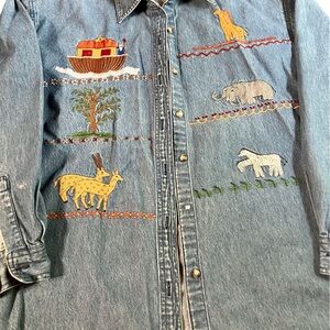 Vintage 90’s Embroidered Noah’s Ark Denim Button Down Shirt